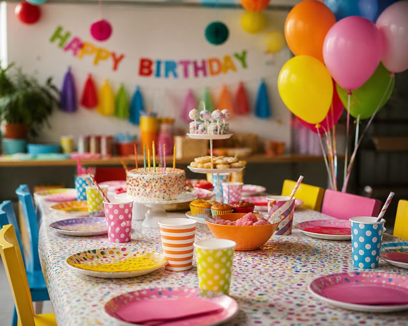 Table de goûter d'anniversaire dressée&nbsp;: gâteau, gobelets colorés et ballons